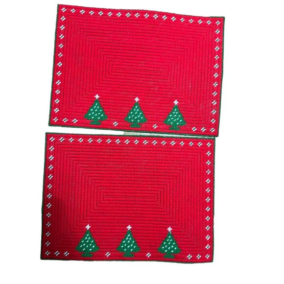 VTG Handmade Needlepoint Two Christmas Placemats 16”‎ X 12 “ Christmas Trees - Picture 2 of 4